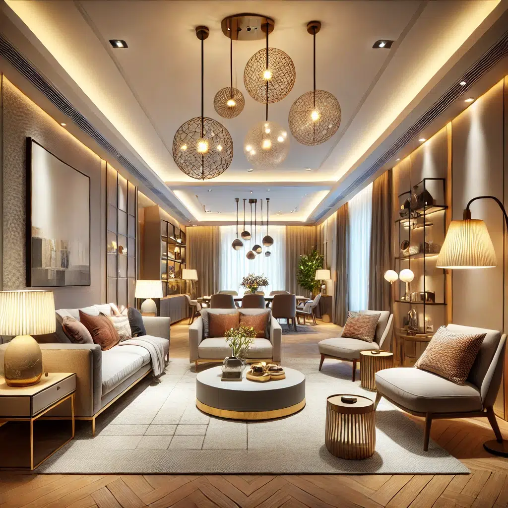 نمونه‌ای از ترکیب نور عمومی و تأکیدی در یک اتاق پذیرایی شیک