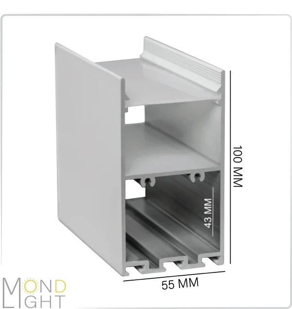 لاین نوری آویز و روکار به ارتفاع 100 میلی متری و در عرض 55 میلی متر فضای خالی پشت به ارتفاع 43 میلی متری