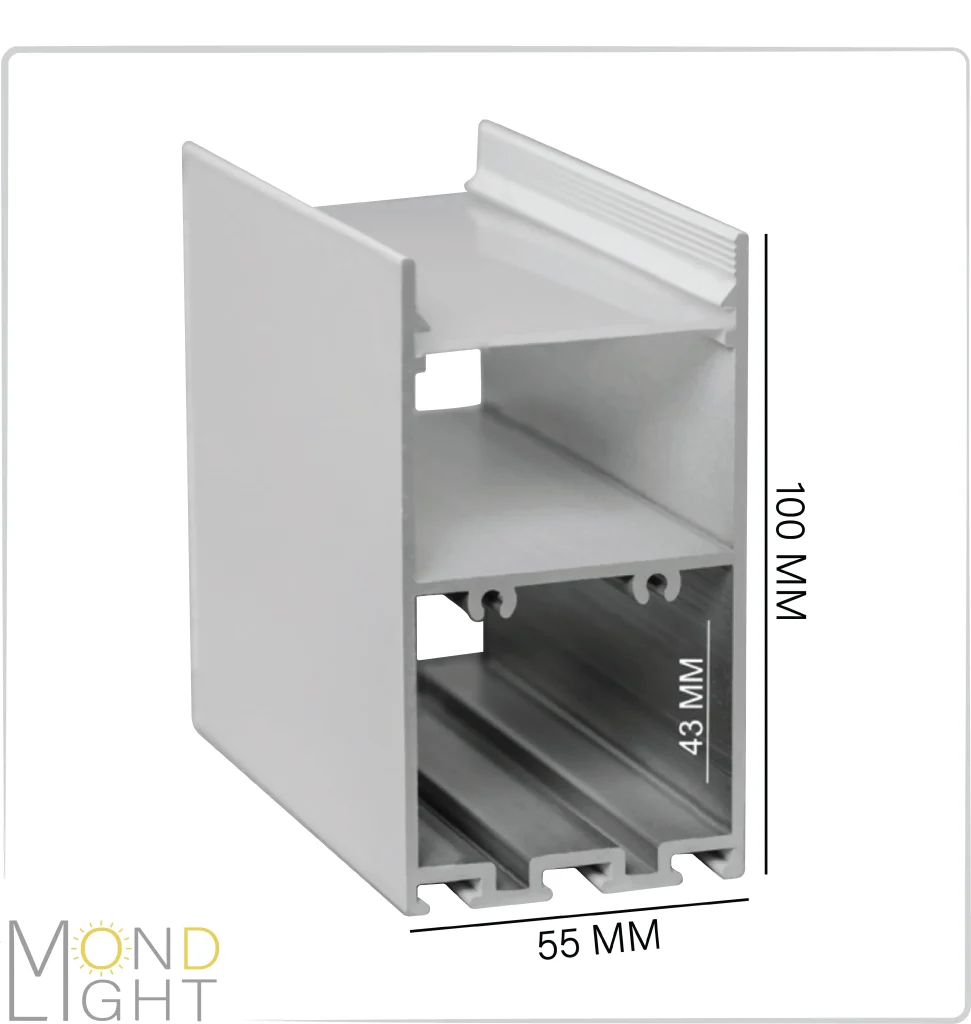 لاین نوری آویز و روکار به ارتفاع 100 میلی متری و در عرض 55 میلی متر فضای خالی پشت به ارتفاع 43 میلی متری