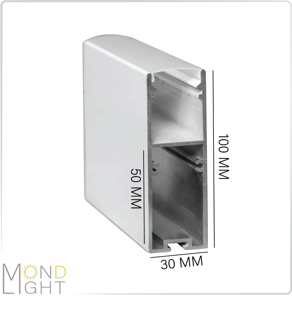 لاین نوری آویز و روکار به ارتفاع 100 میلی متری و در عرض 30 میلی متر فضای خالی پشت به ارتفاع 50 میلی متری