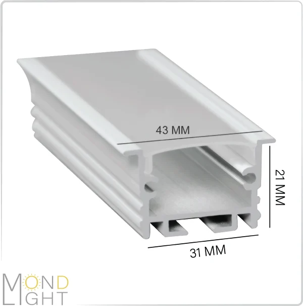لاین نوری توکار فنر خور به ارتفاع 21 میلی متر و در عرض 31 میلی متر و لبه لبه 43 میلی متر